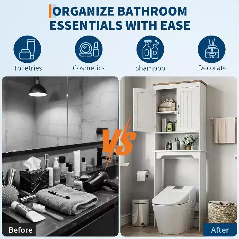 Meuble de rangement sur toilettes de 168 cm, organisateur de salle de bain autoportant avec deux portes et étagères réglables, dispositif anti-basculement, assemblage facile, blanc