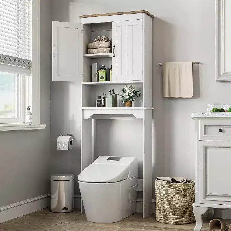 Meuble de rangement sur toilettes de 168 cm, organisateur de salle de bain autoportant avec deux portes et étagères réglables, dispositif anti-basculement, assemblage facile, blanc