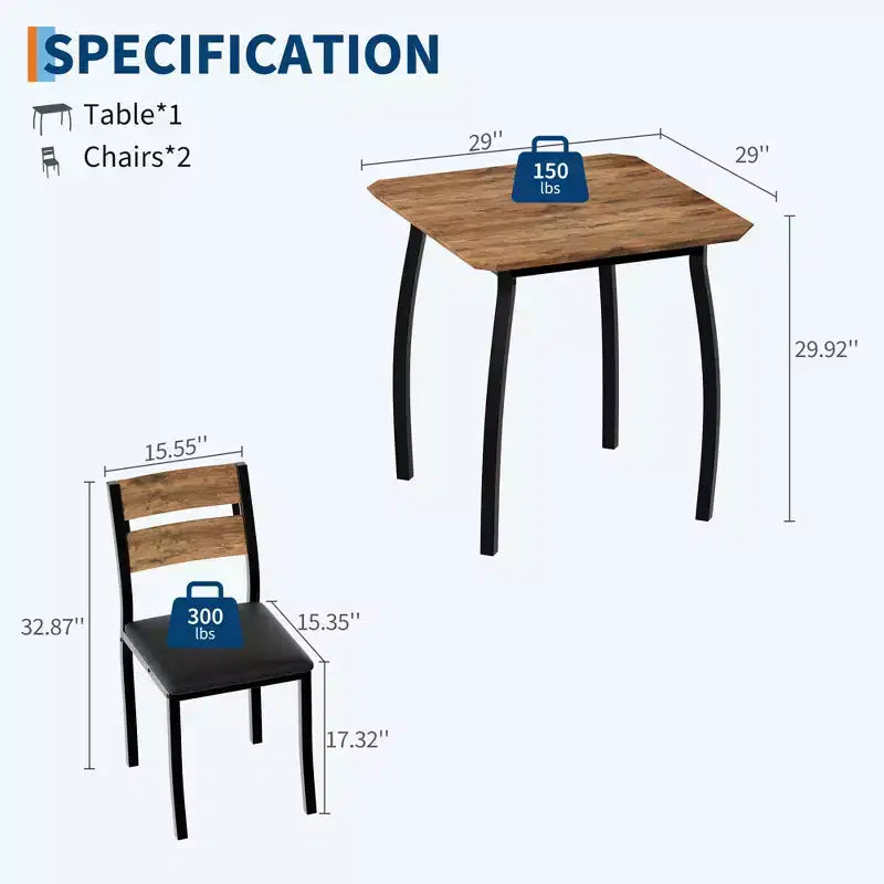 Ensemble table de salle à manger 3 pièces pour 2 personnes, table de cuisine de style campagnard et chaises rembourrées, meuble de salle à manger carré avec cadre en métal