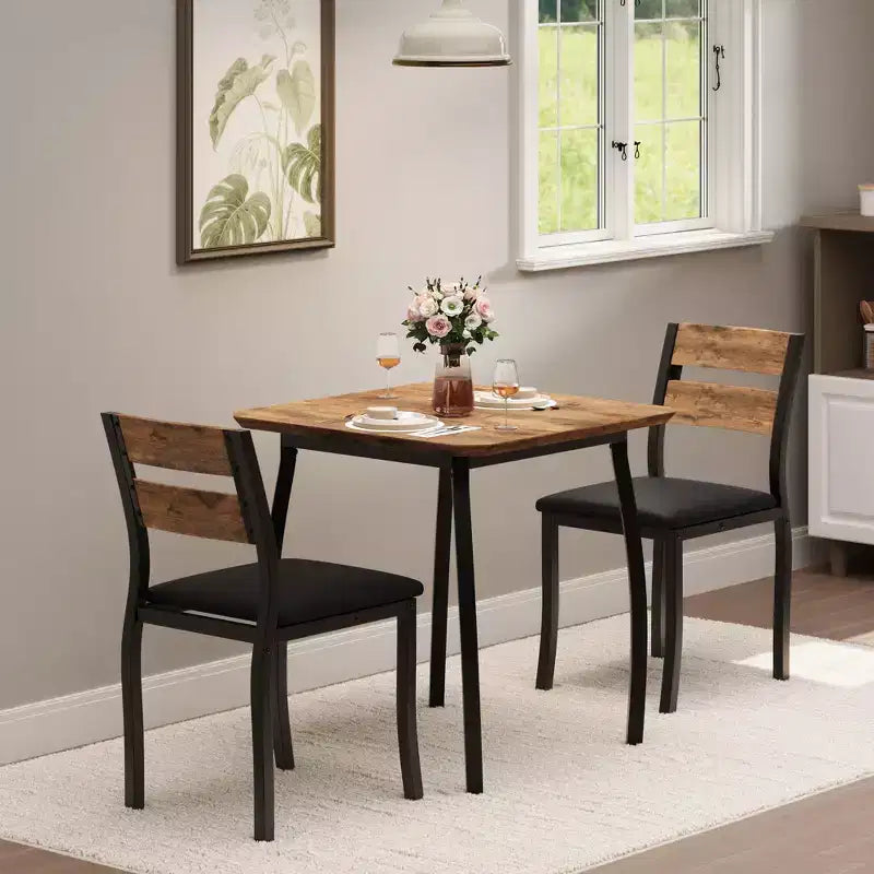 Ensemble table de salle à manger 3 pièces pour 2 personnes, table de cuisine de style campagnard et chaises rembourrées, meuble de salle à manger carré avec cadre en métal