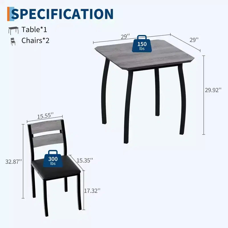 Ensemble table de salle à manger 3 pièces pour 2 personnes, table de cuisine de style campagnard et chaises rembourrées, meuble de salle à manger carré avec cadre en métal