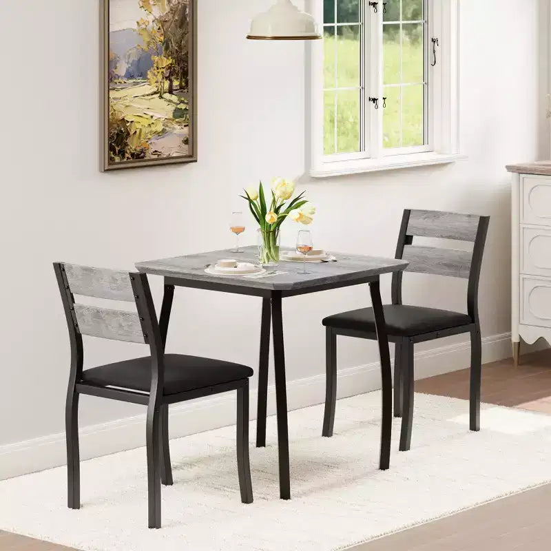 Ensemble table de salle à manger 3 pièces pour 2 personnes, table de cuisine de style campagnard et chaises rembourrées, meuble de salle à manger carré avec cadre en métal