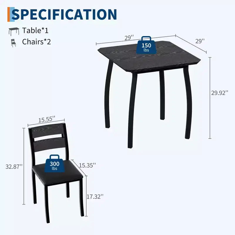 Ensemble table de salle à manger 3 pièces pour 2 personnes, table de cuisine de style campagnard et chaises rembourrées, meuble de salle à manger carré avec cadre en métal