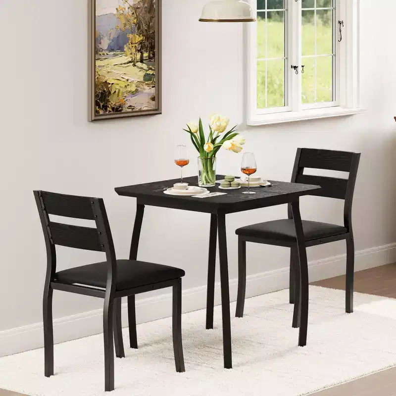 Ensemble table de salle à manger 3 pièces pour 2 personnes, table de cuisine de style campagnard et chaises rembourrées, meuble de salle à manger carré avec cadre en métal