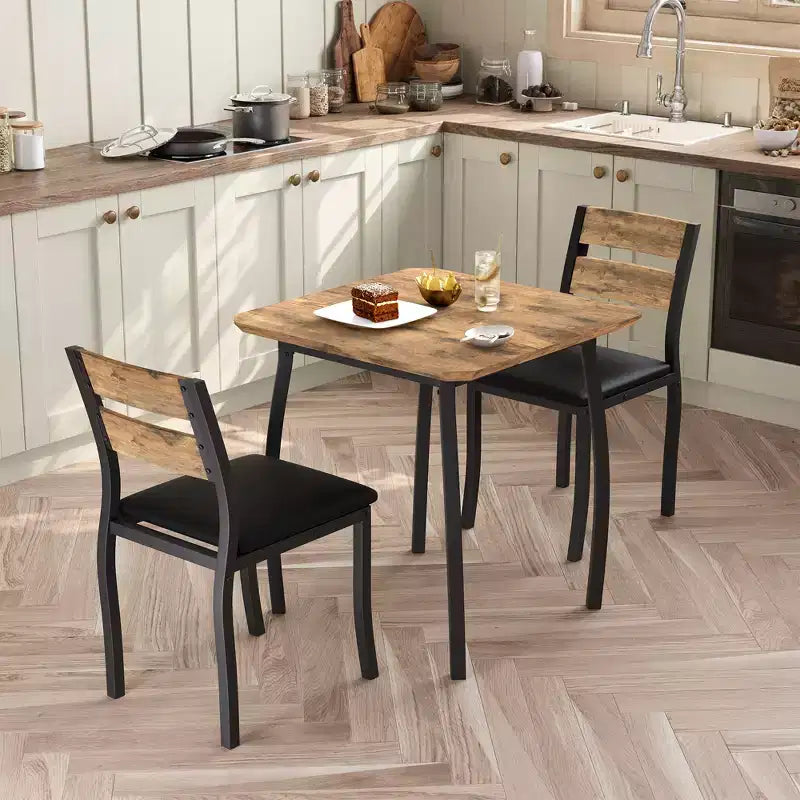 Ensemble table de salle à manger 3 pièces pour 2 personnes, table de cuisine de style campagnard et chaises rembourrées, meuble de salle à manger carré avec cadre en métal