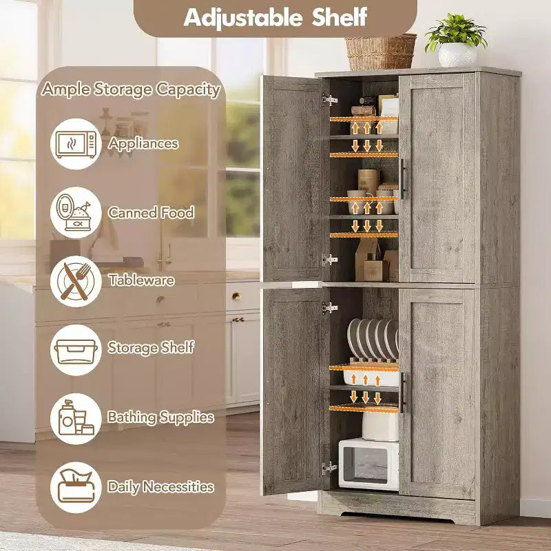 Acekool Armoire de cuisine haute avec étagères réglables, buffet de rangement à 4 portes pour la cuisine, la salle à manger et la salle de bain