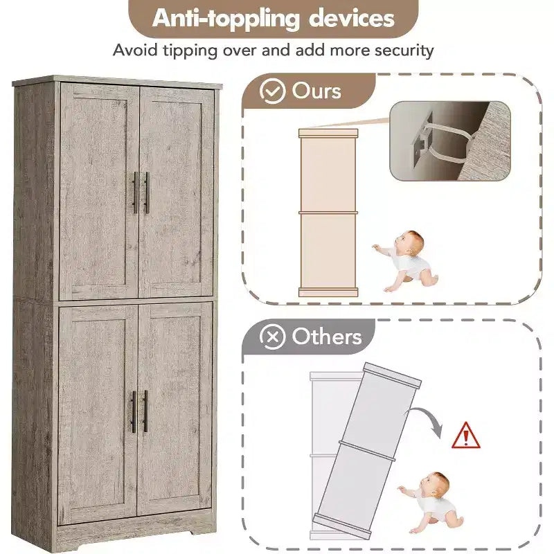 Acekool Armoire de cuisine haute avec étagères réglables, buffet de rangement à 4 portes pour la cuisine, la salle à manger et la salle de bain