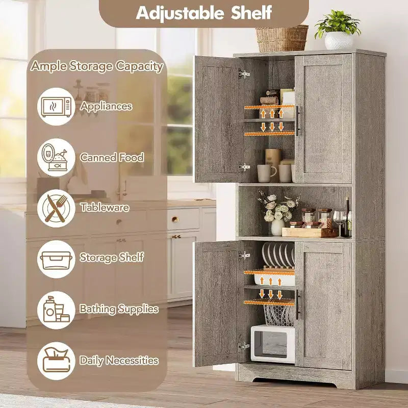 Acekool Armoire de cuisine haute avec étagères réglables, buffet de rangement à 4 portes pour la cuisine, la salle à manger et la salle de bain