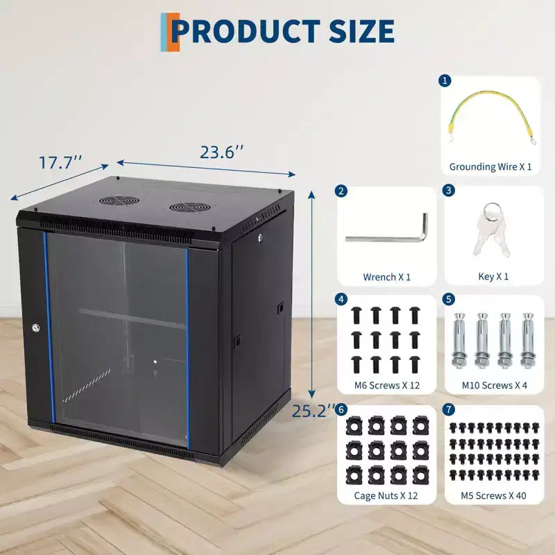 12U Wall Mount Network Cabinet - 23.6 Deep Server Rack Enclosure with Locking Glass Door & Removable Side Panels, IT/AV Equipment Rack