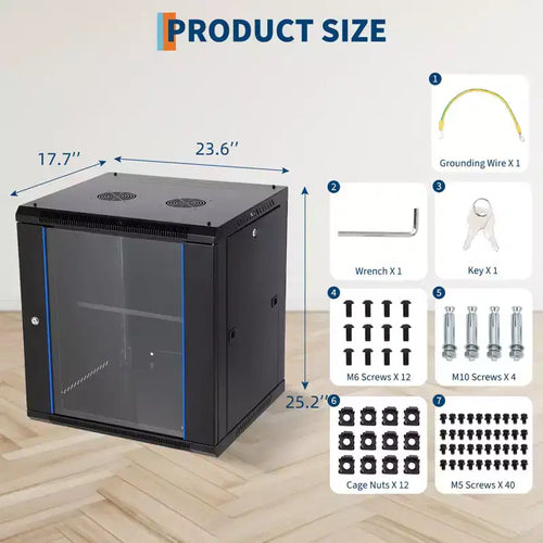 12U Wall Mount Network Cabinet - 23.6 Deep Server Rack Enclosure with Locking Glass Door & Removable Side Panels, IT/AV Equipment Rack