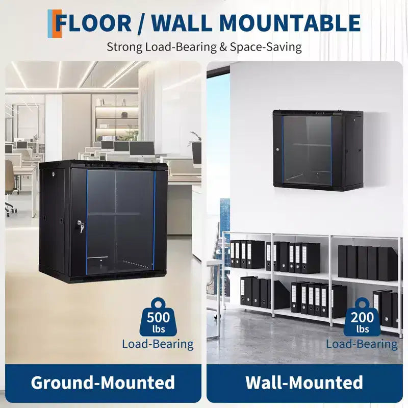 Armoire réseau murale 12U - Baie de brassage 600 mm de profondeur avec porte vitrée verrouillable et panneaux latéraux amovibles, pour équipement informatique/audiovisuel