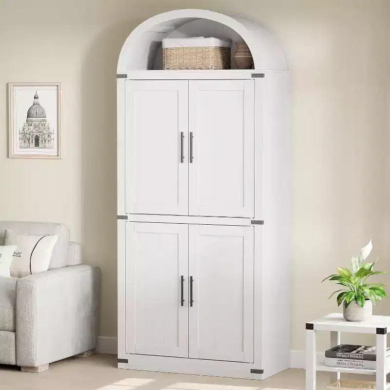 Bibliothèque arquée Acekool avec portes, meuble de rangement de style ferme de 181 cm de hauteur, étagères profondes, accents de verre, étagère de présentation en bois pour la maison, blanc