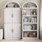 Bibliothèque arquée Acekool avec portes, meuble de rangement de style ferme de 181 cm de hauteur, étagères profondes, accents de verre, étagère de présentation en bois pour la maison, blanc