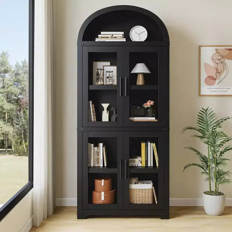 Bibliothèque arquée Acekool avec portes, meuble de rangement de style ferme de 181 cm de hauteur, étagères profondes, accents de verre, étagère de présentation en bois pour la maison, blanc