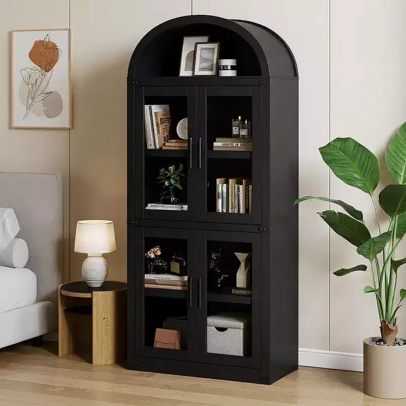 Bibliothèque arquée Acekool avec portes, meuble de rangement de style ferme de 181 cm de hauteur, étagères profondes, accents de verre, étagère de présentation en bois pour la maison, blanc