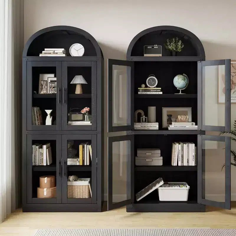 Bibliothèque arquée Acekool avec portes, meuble de rangement de style ferme de 181 cm de hauteur, étagères profondes, accents de verre, étagère de présentation en bois pour la maison, blanc