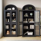 Bibliothèque arquée Acekool avec portes, meuble de rangement de style ferme de 181 cm de hauteur, étagères profondes, accents de verre, étagère de présentation en bois pour la maison, blanc