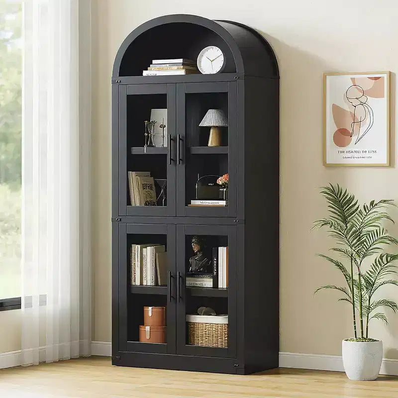 Bibliothèque arquée Acekool avec portes, meuble de rangement de style ferme de 181 cm de hauteur, étagères profondes, accents de verre, étagère de présentation en bois pour la maison, blanc
