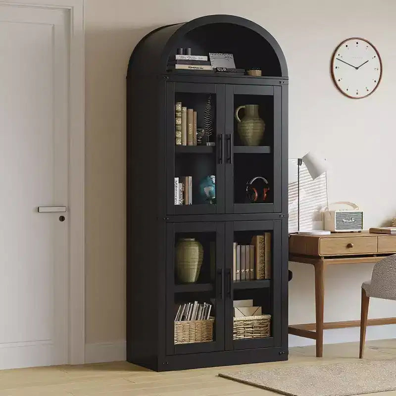 Bibliothèque arquée Acekool avec portes, meuble de rangement de style ferme de 181 cm de hauteur, étagères profondes, accents de verre, étagère de présentation en bois pour la maison, blanc