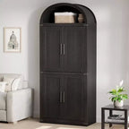 Bibliothèque arquée Acekool avec portes, meuble de rangement de style ferme de 181 cm de hauteur, étagères profondes, accents de verre, étagère de présentation en bois pour la maison, blanc