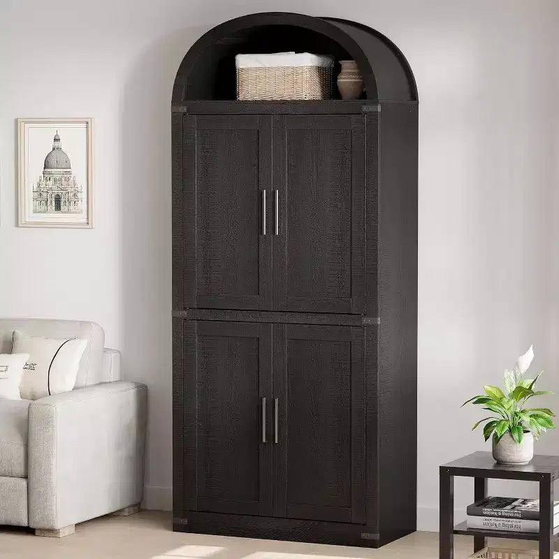 Bibliothèque arquée Acekool avec portes, meuble de rangement de style ferme de 181 cm de hauteur, étagères profondes, accents de verre, étagère de présentation en bois pour la maison, blanc