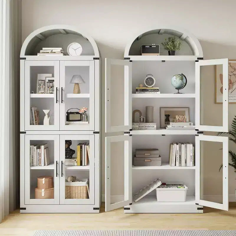 Bibliothèque arquée Acekool avec portes, meuble de rangement de style ferme de 181 cm de hauteur, étagères profondes, accents de verre, étagère de présentation en bois pour la maison, blanc