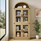 Bibliothèque arquée Acekool avec portes, meuble de rangement de style ferme de 181 cm de hauteur, étagères profondes, accents de verre, étagère de présentation en bois pour la maison, blanc