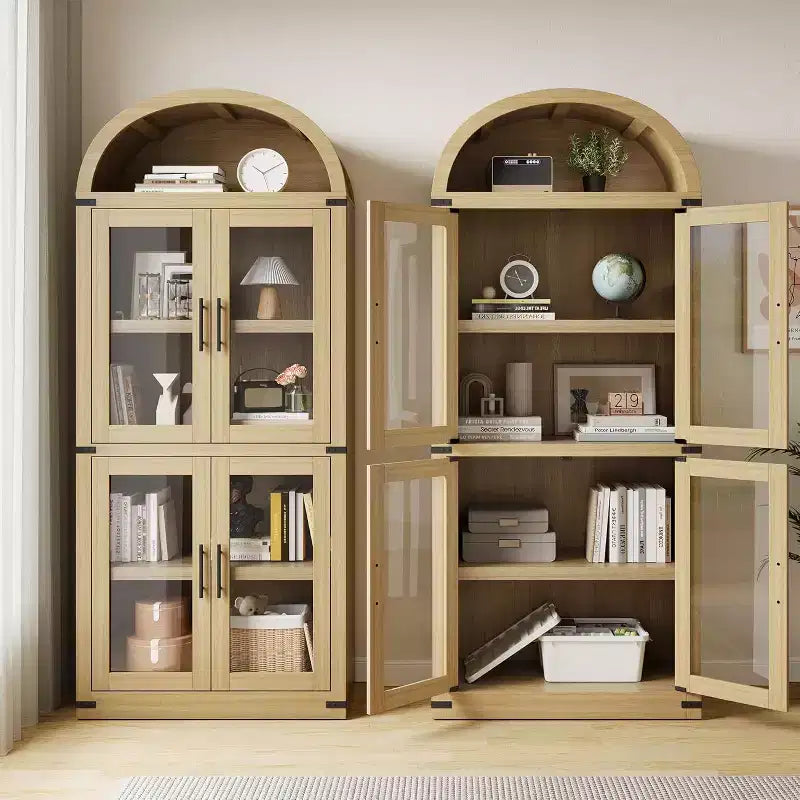 Bibliothèque arquée Acekool avec portes, meuble de rangement de style ferme de 181 cm de hauteur, étagères profondes, accents de verre, étagère de présentation en bois pour la maison, blanc