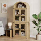 Bibliothèque arquée Acekool avec portes, meuble de rangement de style ferme de 181 cm de hauteur, étagères profondes, accents de verre, étagère de présentation en bois pour la maison, blanc