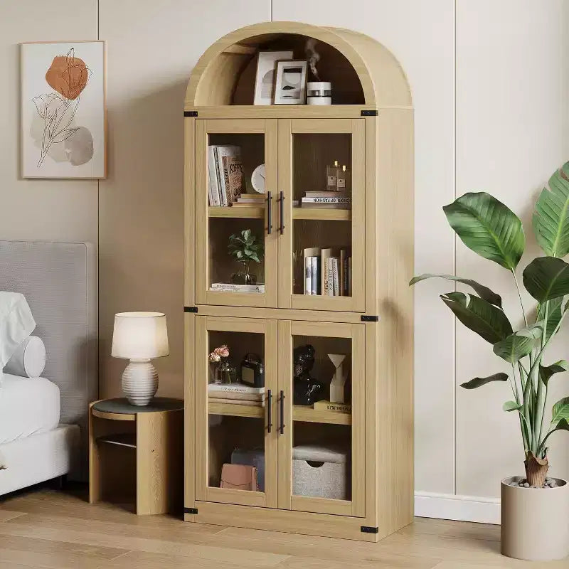 Bibliothèque arquée Acekool avec portes, meuble de rangement de style ferme de 181 cm de hauteur, étagères profondes, accents de verre, étagère de présentation en bois pour la maison, blanc