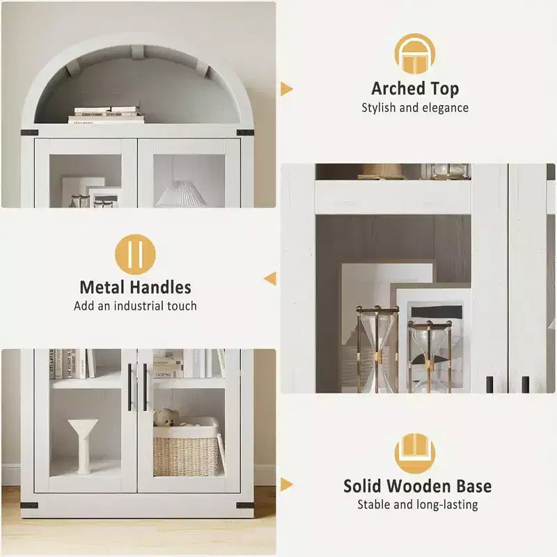 Bibliothèque arquée Acekool avec portes, meuble de rangement de style ferme de 181 cm de hauteur, étagères profondes, accents de verre, étagère de présentation en bois pour la maison, blanc