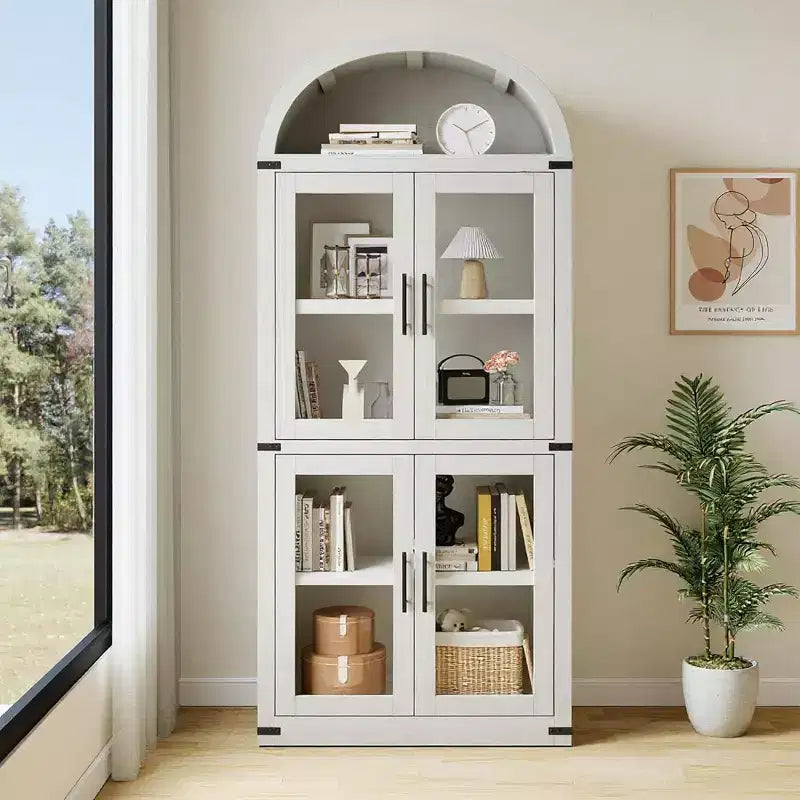 Bibliothèque arquée Acekool avec portes, meuble de rangement de style ferme de 181 cm de hauteur, étagères profondes, accents de verre, étagère de présentation en bois pour la maison, blanc