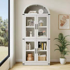 Bibliothèque arquée Acekool avec portes, meuble de rangement de style ferme de 181 cm de hauteur, étagères profondes, accents de verre, étagère de présentation en bois pour la maison, blanc