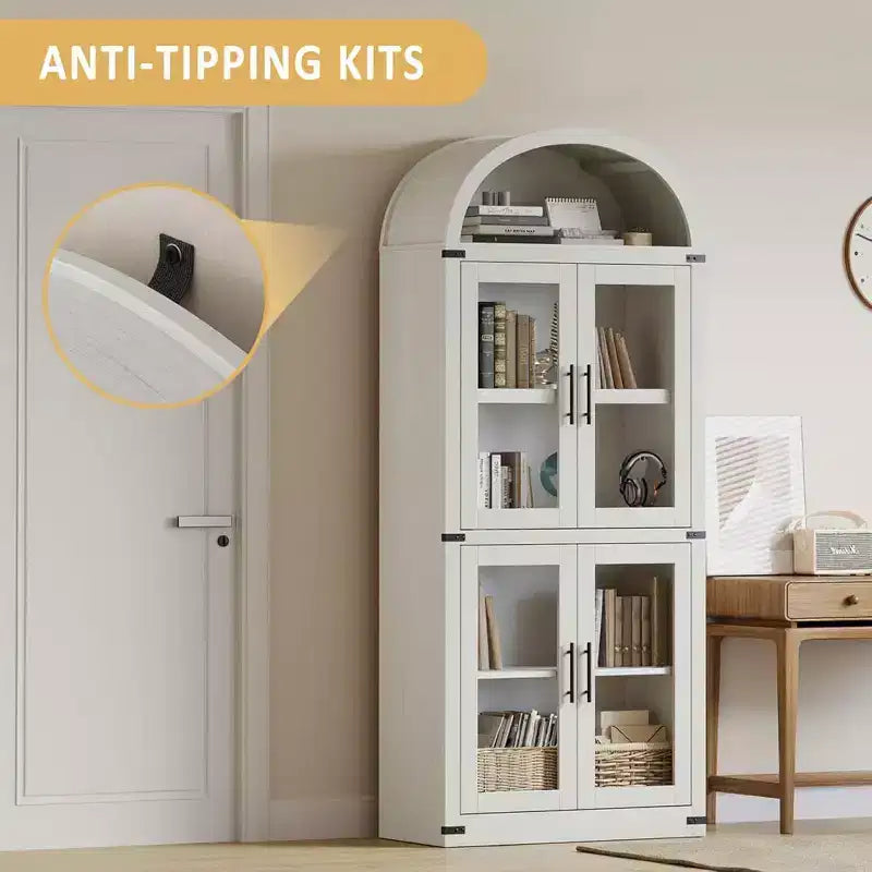 Bibliothèque arquée Acekool avec portes, meuble de rangement de style ferme de 181 cm de hauteur, étagères profondes, accents de verre, étagère de présentation en bois pour la maison, blanc