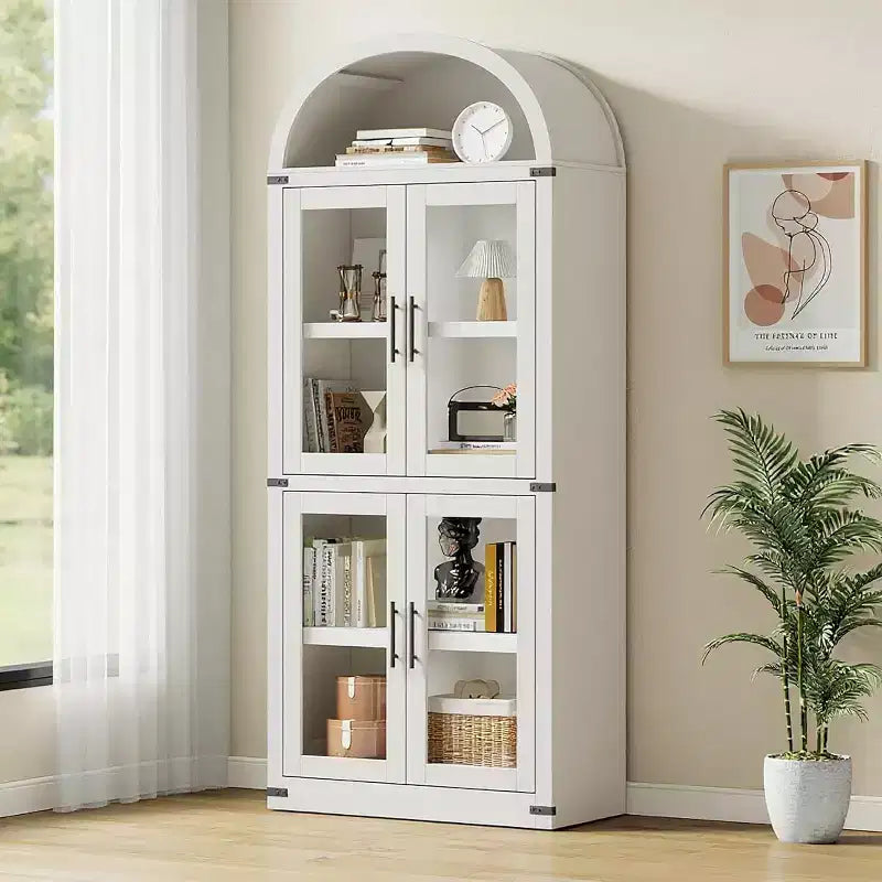 Bibliothèque arquée Acekool avec portes, meuble de rangement de style ferme de 181 cm de hauteur, étagères profondes, accents de verre, étagère de présentation en bois pour la maison, blanc