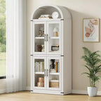 Bibliothèque arquée Acekool avec portes, meuble de rangement de style ferme de 181 cm de hauteur, étagères profondes, accents de verre, étagère de présentation en bois pour la maison, blanc
