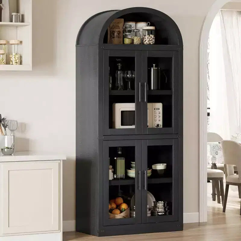 Bibliothèque arquée Acekool avec portes, meuble de rangement de style ferme de 181 cm de hauteur, étagères profondes, accents de verre, étagère de présentation en bois pour la maison, blanc