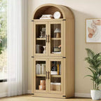 Bibliothèque arquée Acekool avec portes, meuble de rangement de style ferme de 181 cm de hauteur, étagères profondes, accents de verre, étagère de présentation en bois pour la maison, blanc