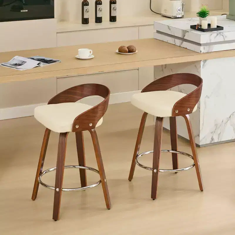CLIHOME Lot de 2 tabourets de bar pivotants avec dossier bas, chaises de bar en bois avec assise rembourrée douce, hauteur d'assise de 63,5 cm