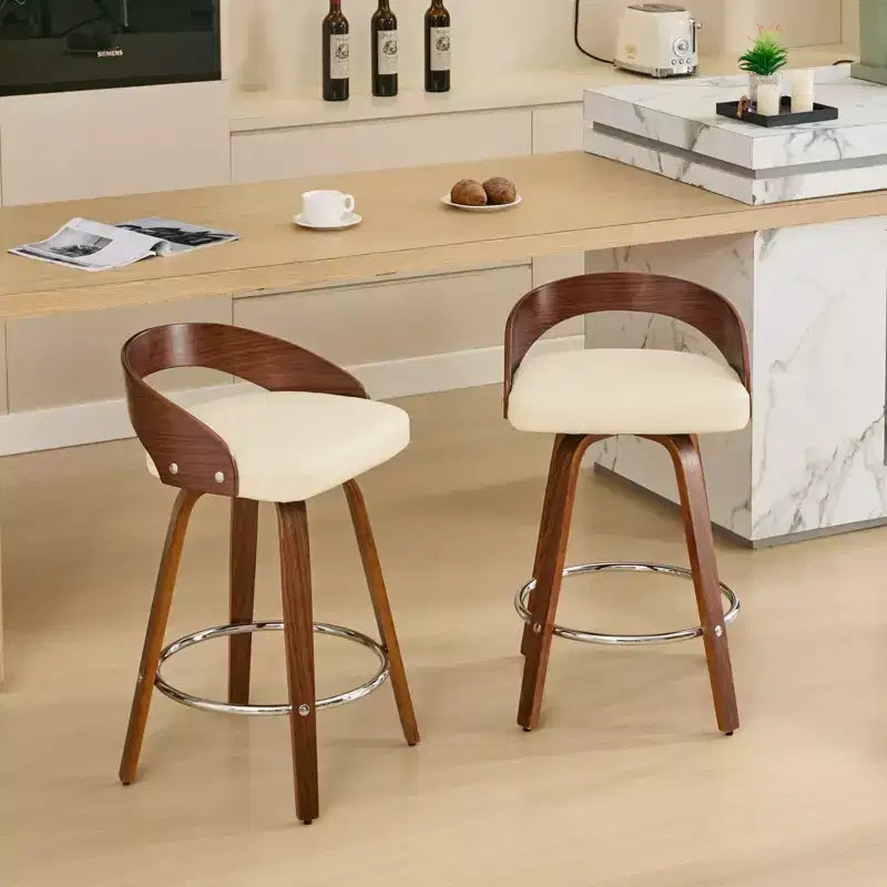 CLIHOME Set of 2 Swivel Bar Height Stools with Low Back, Wood Bar Chairs with Soft Cushion Seat, 25-Inch Seat Height