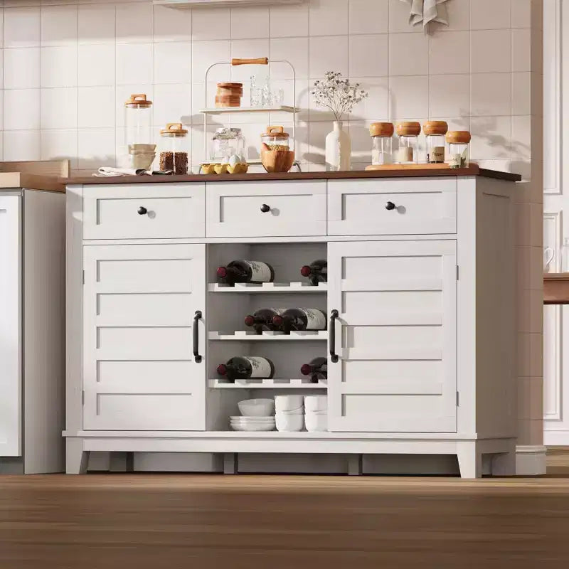 53.5'' Farmhouse Buffet Cabinet with Storage, 36'' Tall Rustic Wood Sideboard Featuring 3 Drawers, Reversible Wine Rack and Adjustable Shelf