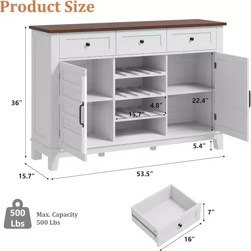Buffet de ferme de 53,5'' avec rangement, buffet rustique en bois de 36'' de haut avec 3 tiroirs, porte-bouteilles réversible et étagère réglable