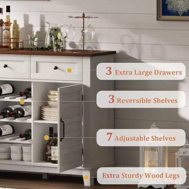 Buffet de ferme de 53,5'' avec rangement, buffet rustique en bois de 36'' de haut avec 3 tiroirs, porte-bouteilles réversible et étagère réglable