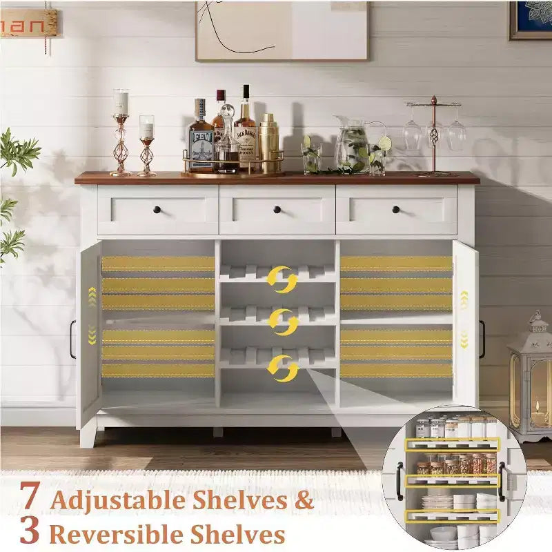 Buffet de ferme de 53,5'' avec rangement, buffet rustique en bois de 36'' de haut avec 3 tiroirs, porte-bouteilles réversible et étagère réglable