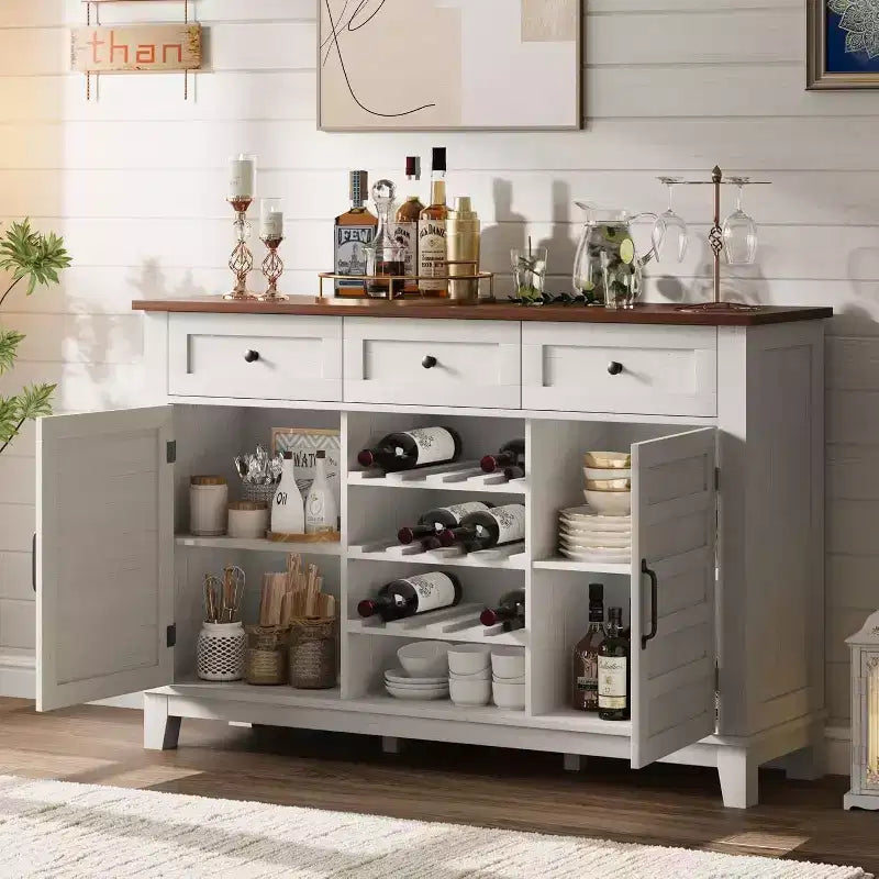 Buffet de ferme de 53,5'' avec rangement, buffet rustique en bois de 36'' de haut avec 3 tiroirs, porte-bouteilles réversible et étagère réglable