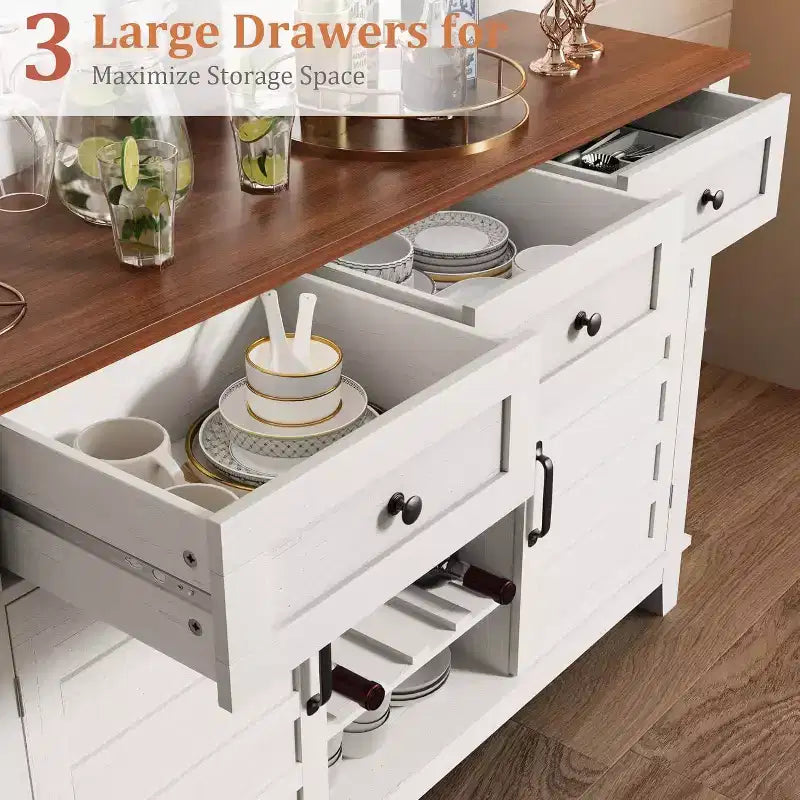 Buffet de ferme de 53,5'' avec rangement, buffet rustique en bois de 36'' de haut avec 3 tiroirs, porte-bouteilles réversible et étagère réglable