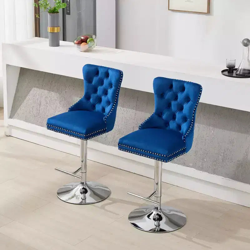 CLIHOME Lot de 2 tabourets de bar pivotants épais en velours chromé, hauteur réglable de 63,5 à 83,8 cm, boutons touffetés et plissage en losanges