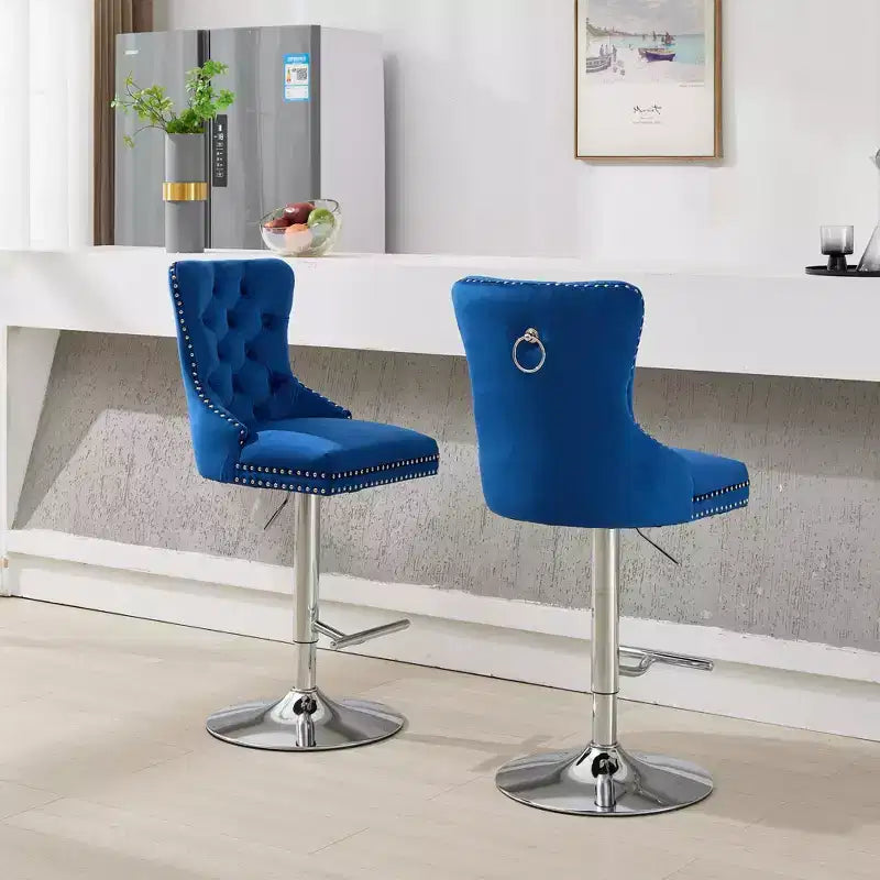 CLIHOME Lot de 2 tabourets de bar pivotants épais en velours chromé, hauteur réglable de 63,5 à 83,8 cm, boutons touffetés et plissage en losanges