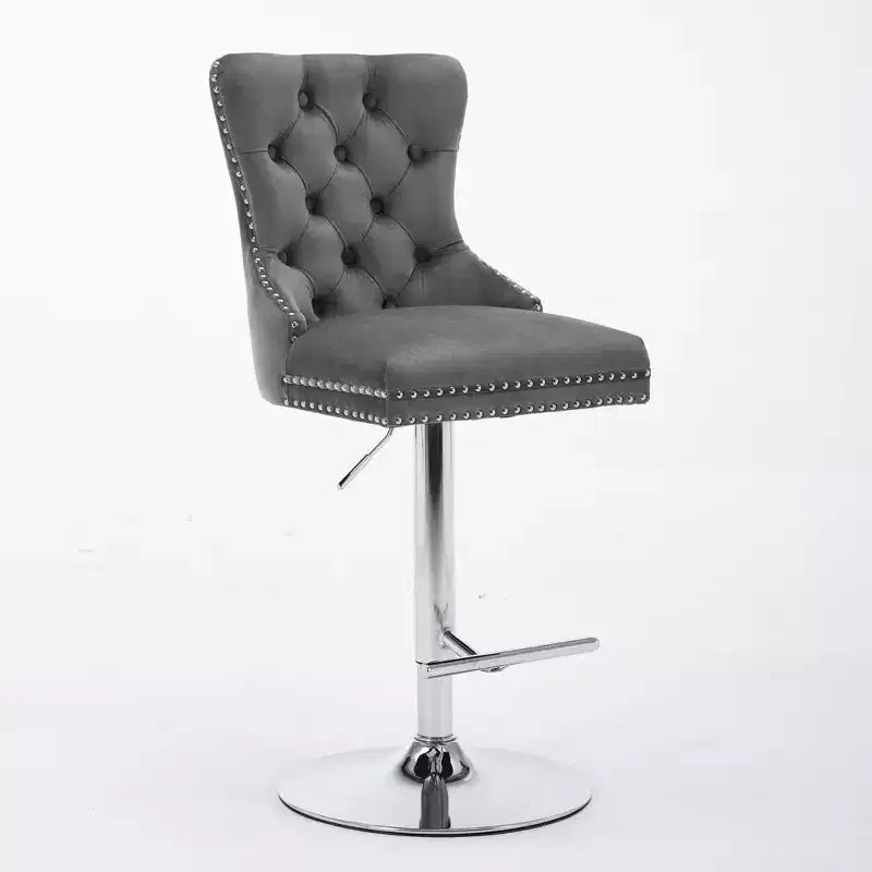 CLIHOME Lot de 2 tabourets de bar pivotants épais en velours chromé, hauteur réglable de 63,5 à 83,8 cm, boutons touffetés et plissage en losanges