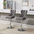 CLIHOME Lot de 2 tabourets de bar pivotants épais en velours chromé, hauteur réglable de 63,5 à 83,8 cm, boutons touffetés et plissage en losanges